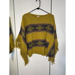 Cremieux Mustard Yellow Cotton Poncho Sweater with Fringe